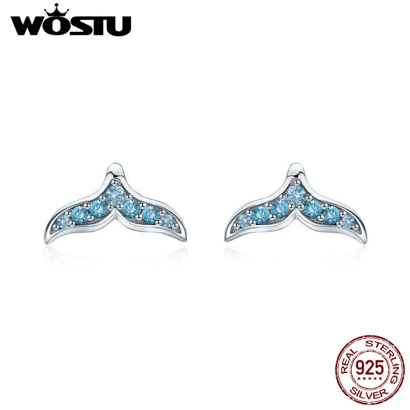 

WOSTU 925 Sterling Silver Mermaid Tail Fishtail Stud Earrings Blue Zircon Tiny Earrings For Women Wedding Shine Jewelry CTE058