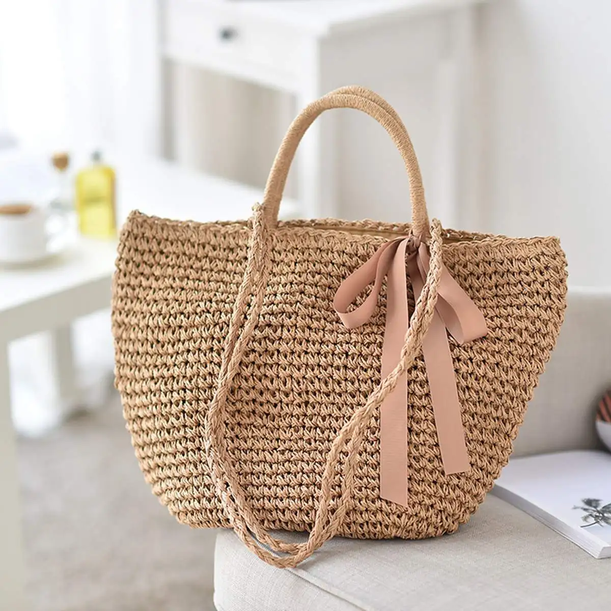 

Straw Bag Vintage Handmade Woven Shoulder Rattan Bags Vintage Bohemian Summer Beach Casual Bags Crossbody