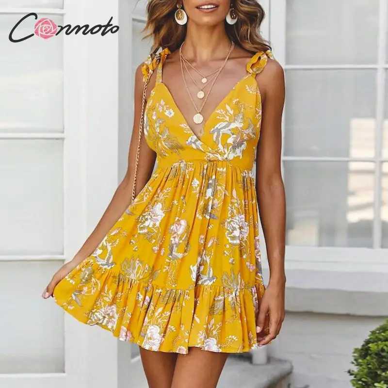 

Conmoto Summer 2019 Beach Bohemian Sexy Dress Lace Up Deep V Backless Dress Casual Ruffles Girl Yellow Dresses Vestidos