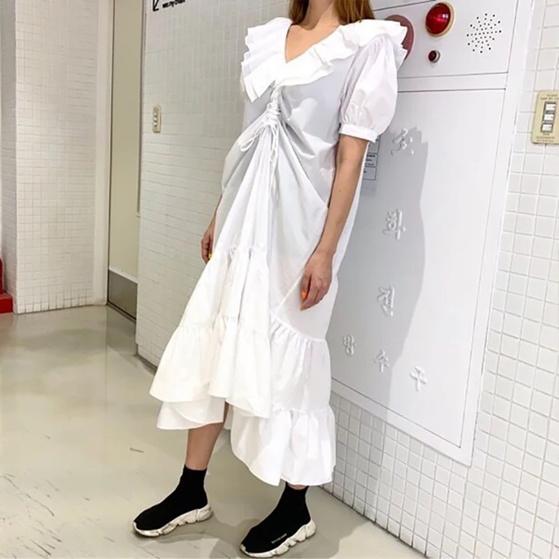 VGH Лето Pleat платье для Для женщин рюшами вырез горловины короткими рукавами