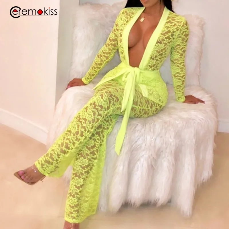

Ceremokiss Celebrity Party Long Two Piece Set Suit Sexy Deep V-Neck Lace Long Sleeve 2 Piece Set Women Suit Set Tie Up Bodycon