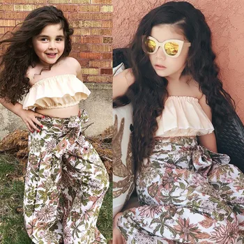 

Summer Fashion Kids Toddlers Girls Ruffles Strapless Tube Tops Floral Wide Leg Pants 2pcs Clothes Set Outfits