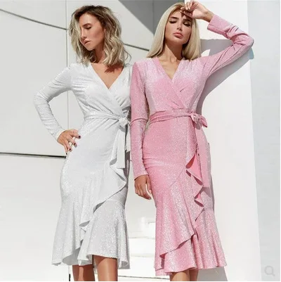 

UGUEST Autumn And Winter Long Sleeve Sashes V Lead Solid Bandage Lotus Leaf Edge Irregular Date Dress Women Vestido