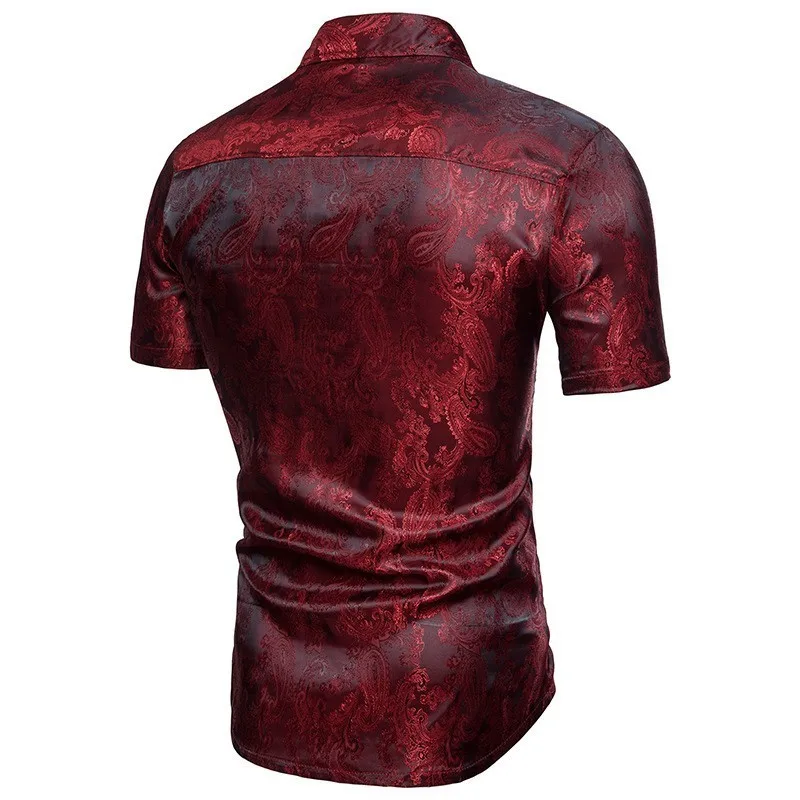 2019 جديد الرجال قصيرة الأكمام قمصان الذكور الأحمر الأزرق الأبيض الحرير الحرير الأزهار قميص مطبوع قمم M-3XL