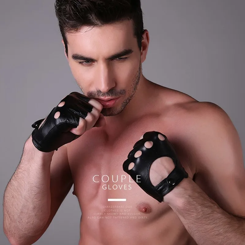 

New 2019 Men's Genuine Leather Gloves Driving Sports Unlined Goatskin Half Finger Gloves Fingerless Gym Fitness Gloves