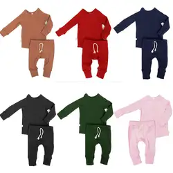 Комплект одежды для новорожденных мальчиков и девочек, модные однотонные топы с длинными рукавами, длинные штаны, одежда для сна, одежда