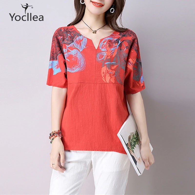 

Women Blouse Summer Autumn Cotton Linen Print Blouse Batwing sleeve Shirts blusas femininas plus size Loose Casual Women Tops