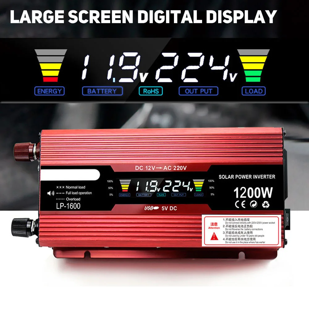

Solar Car Power Inverter DC12V To AC220V VoltageTransformer Power Inverter Automotive Converter Source Adapter LED Display