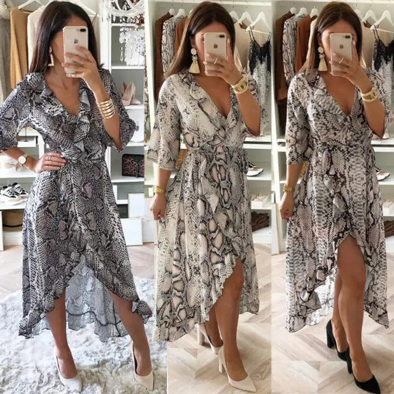 

2019 New Style Hot Fashion Women's Floral Long Dress Split Party Beach Sundress Leopard Irregular Deep V Neck