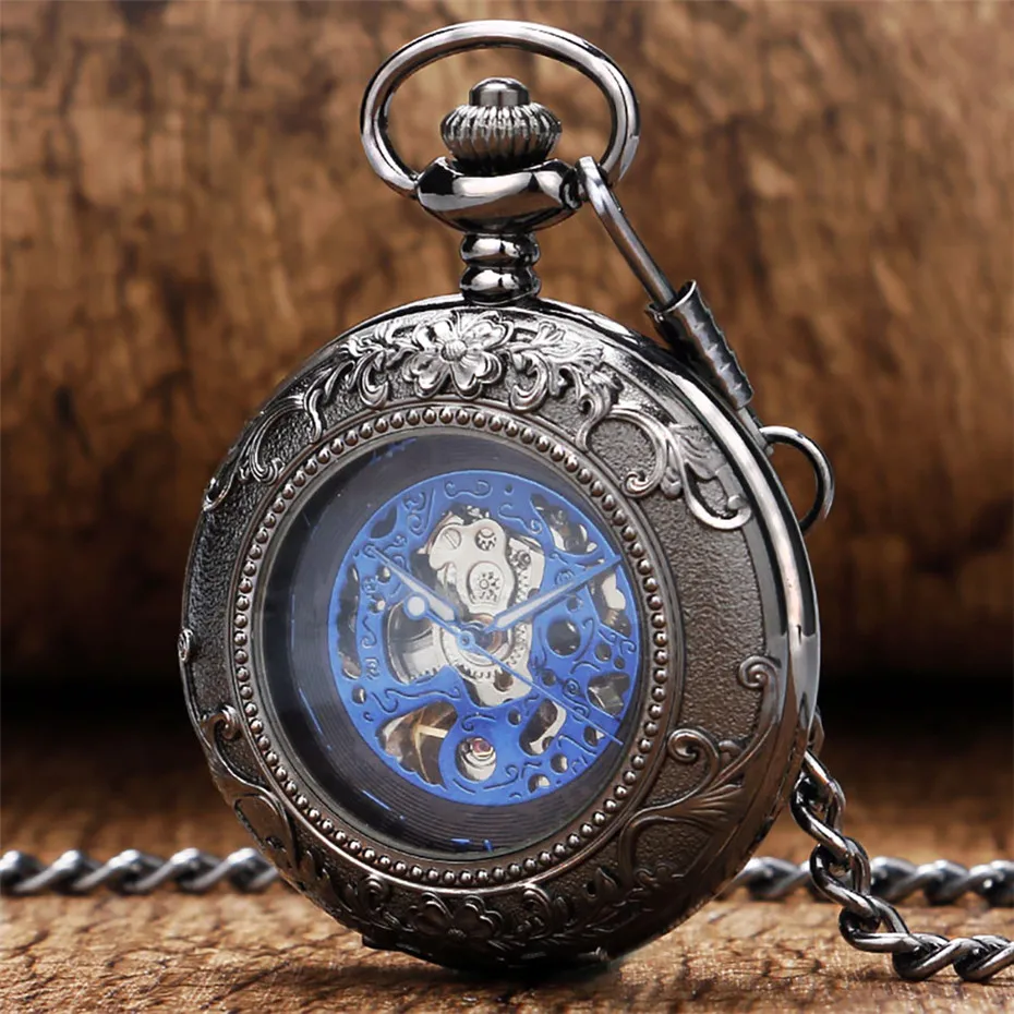 Exquisite Blue Roman Numerals Mechanical Pocket Watch Hand Winding Pocket Pendant Steampunk 30 cm Chain Vintage 1