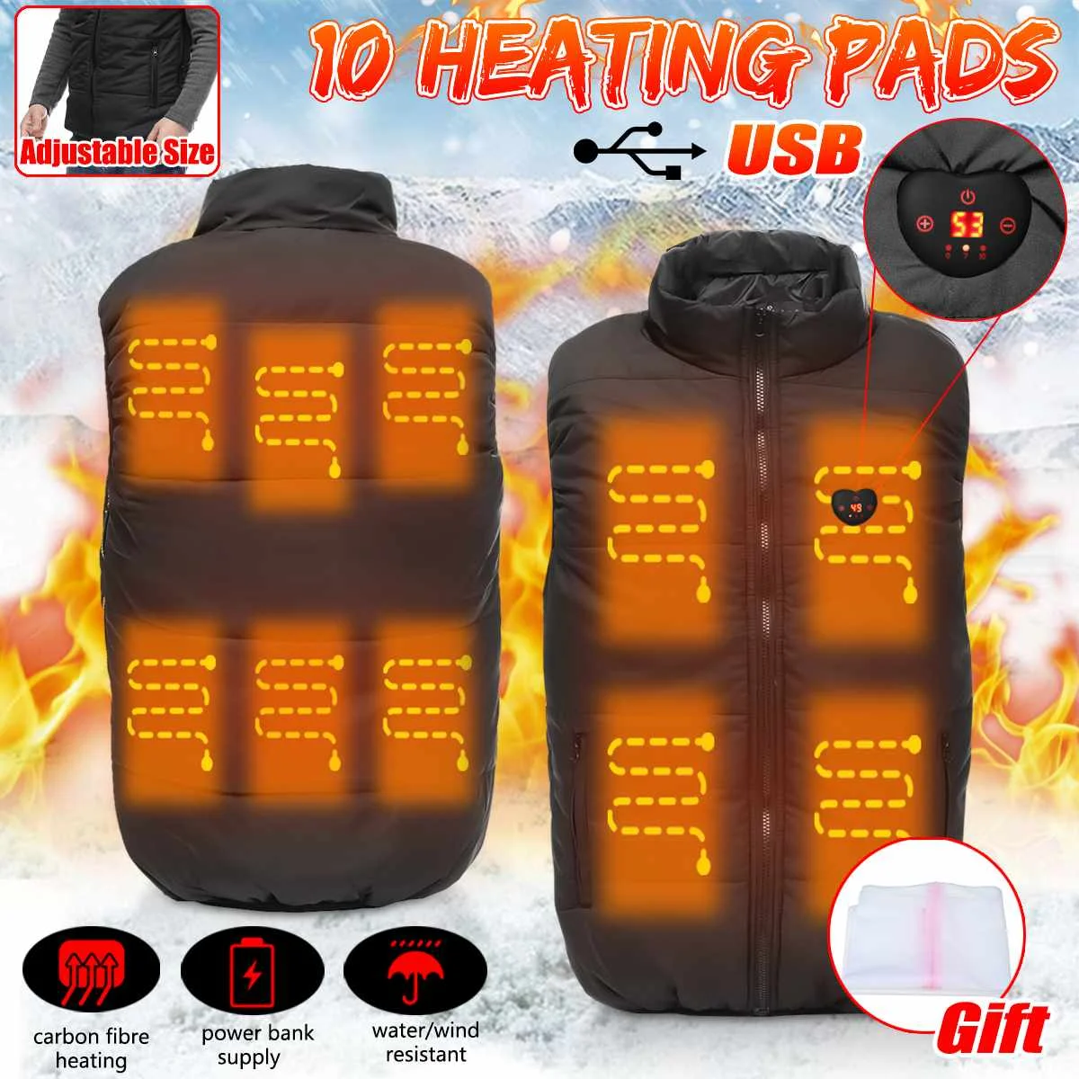 

10 Heating Pad Electric Heated Vest Men LED Waterproof Adjustable Winter Waistcoat USB Thermal Warm Fast Heat Jacket laundry bag