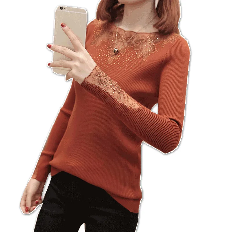 Korean Spring Autumn Women Hollow Out Lace Sweater Female O-neck Long Sleeve Bottoming Slim Knit Pullovers