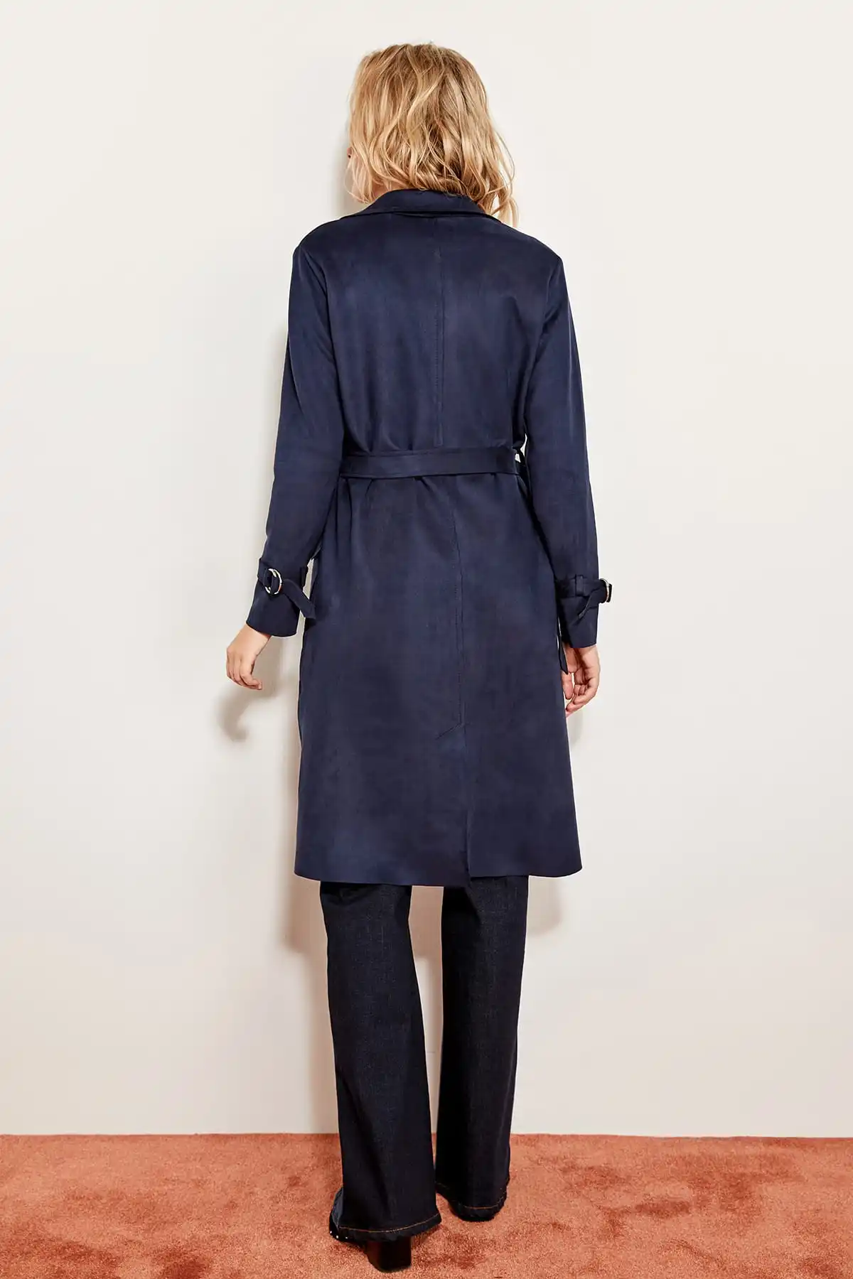 blue suede trench coat