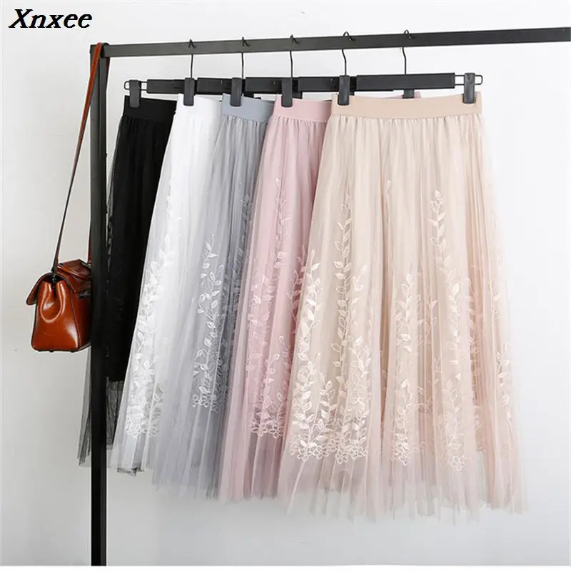 Кружевные шифоновые женские юбки для девочек Новинка весны бутик вышивка длинная юбка высокая эластичная талия марлевые плиссированные юбки