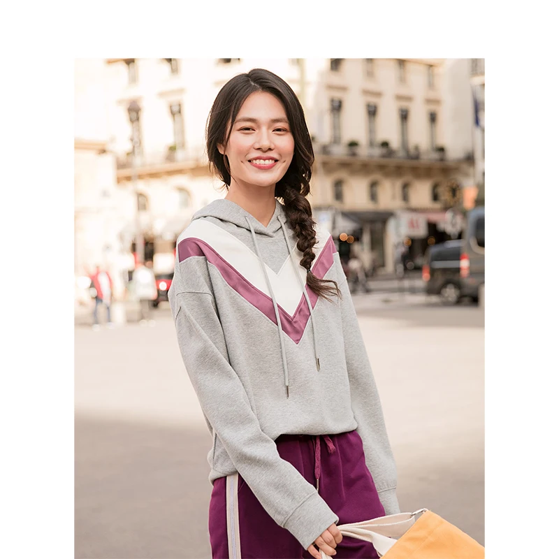  INMAN Spring Hooded Drawstring V Pattern Print Causal Loose Style Women Fashion Girl Sweatshirt
