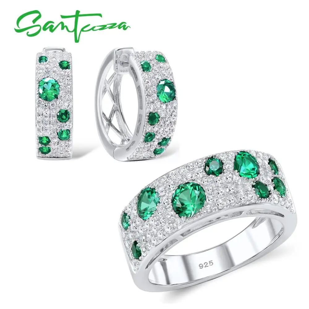 Jewelry Set Women Green CZ Diamond Jewelry Set Stud Earrings Ring Set Jewelry 925 Sterling Silver Jewelry Sets