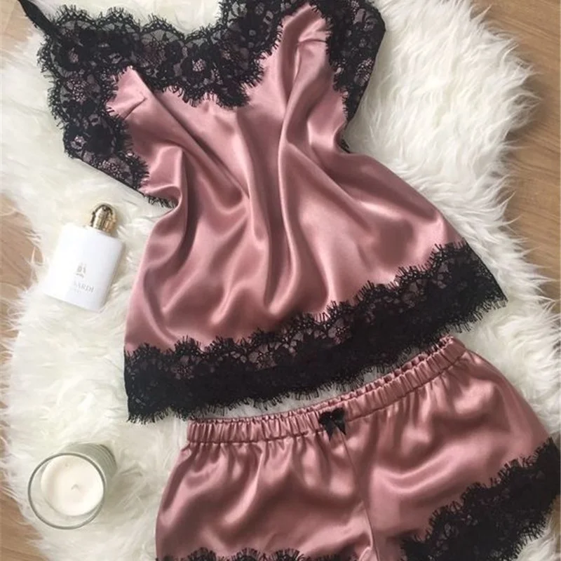 

2019 Women Pajamas Sexy Satin Pyjama Set Black Lace V-Neck Pyjamas Sleeveless Top And Shorts Sleepwear Suits
