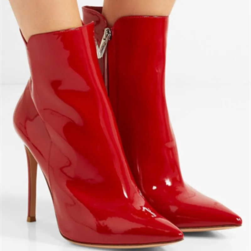 Botines de charol rojo brillante para Mujer, botas sexys de tacón de aguja  con punta puntiaguda, para motocicleta, Primavera|Botas hasta el tobillo| -  AliExpress