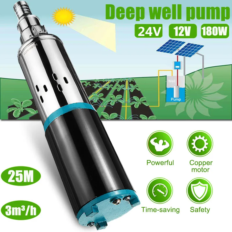 

Garden Solar Water Pump 12/24V 180W 3000L/h 25m Deep Well Pump DC Screw Submersible Pump Irrigation Home Agricultural