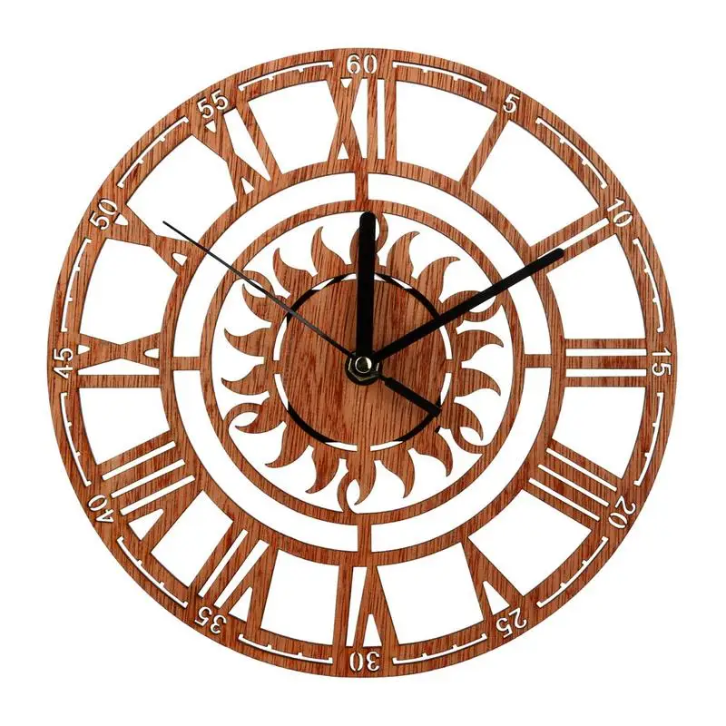 Modern Wall Clock Round Sun Roman Numerals Creative Wooden Tree