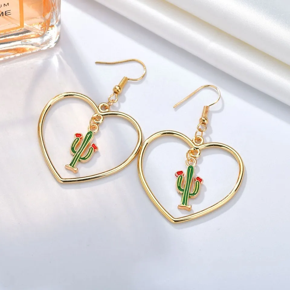 

Women Cactus Heart Drop Earrings Cute Romantic Lucky Plants Handmade Fashion Drop Earings Wedding Jewelry For Lovers Gold Color