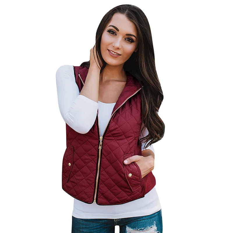 Winter Women Quilted Jacket Waistcoat Vest Stand Collar Sleeveless Zip