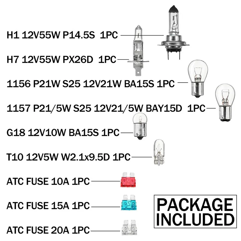 9 шт./компл. 1156 1157 T10 H1 H7 света лампы аварийного противотуманных фар Лампа сигнала поворота галогеновая лампа для фар с комплект предохранителей для автомобиля