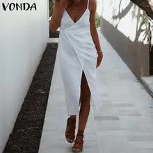 Été blanc robe plage vêtements fête longue robe Maxi VONDA 2021 sans manches coton fendu vacances Vestidos grande taille