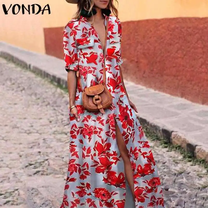 

Floral Printed Women Dress 2019 Vintage Maxi Long Dresses Sexy Casual Loose Half Sleeve High Split Vestidos Plus Size S-5XL