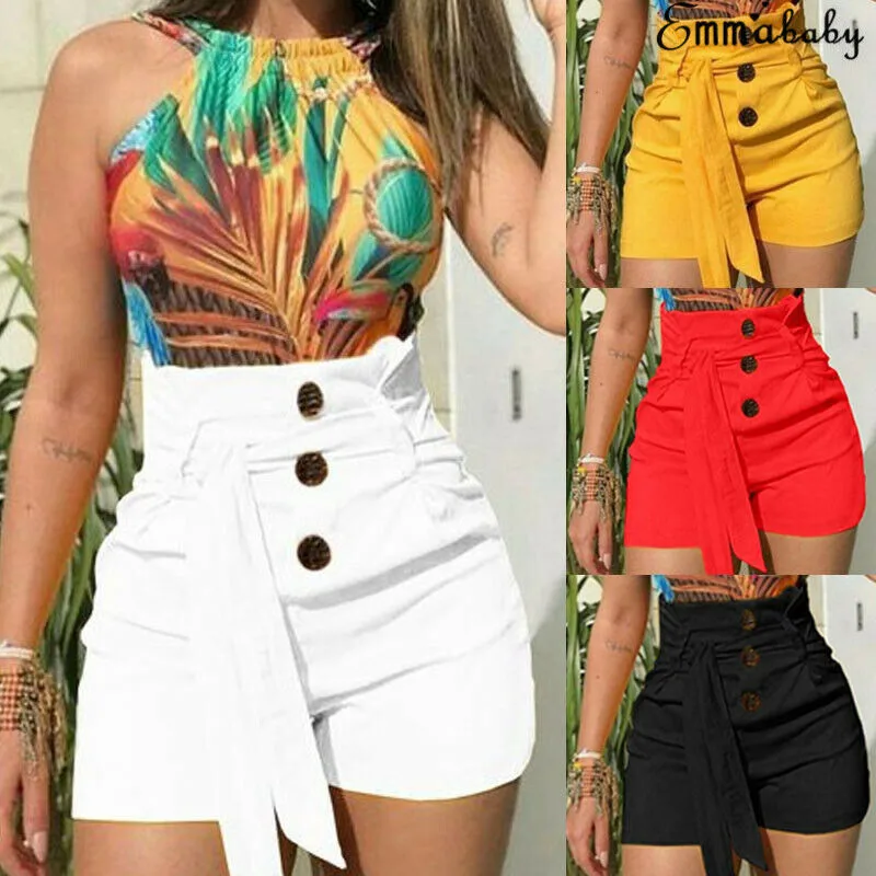 

Fashion Casual Slim Solid Women Ladies High Waist Summer Beach Belt Button Front Shorts Sexy Clothes For Girls