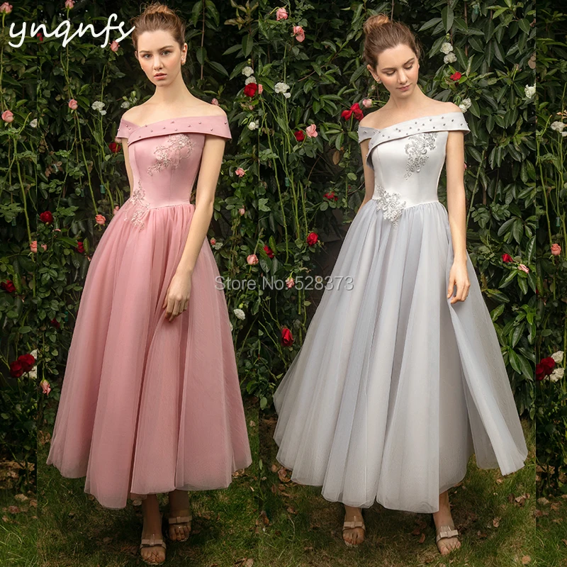 

YNQNFS B8 Bridesmaid Dresses Party Guest Wear Graduation Dresses Vintage Off Shoulder Tea Length Soft Tulle Vestido Curto