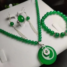 Koraba 4 шт. 925 пробы серебро натуральный зеленый пончик нефритовые бусины из драгоценного камня кулон ожерелье браслет серьги женский комплект ювелирных изделий