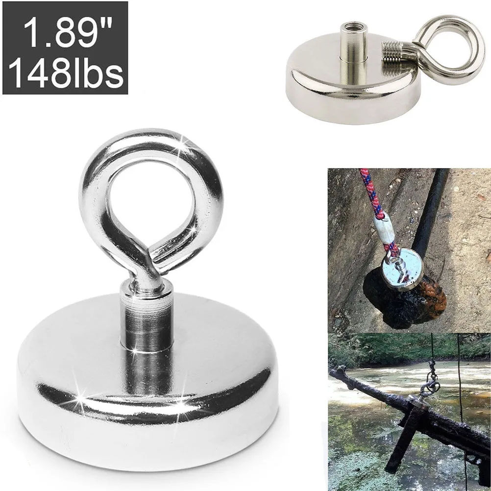 

2Pcs Round Strong Neodymium Magnet Outdoor Salvage Fishing Lifting Accessory with Hook - 68kg Pulling Force (Silver)