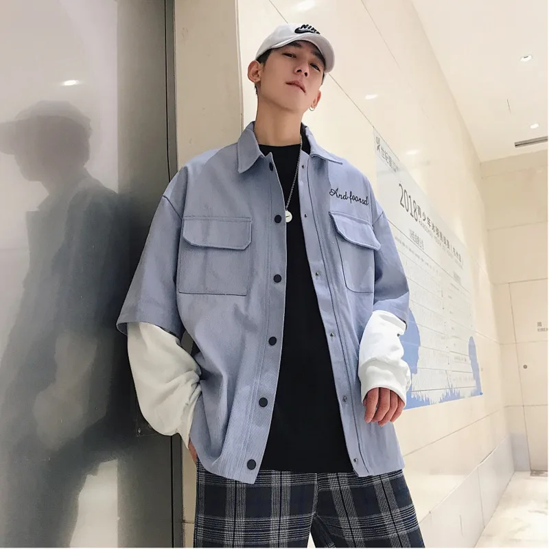 

Men's Jacket 2019 Spring New Youth Popular Blue And White Stitching Long-sleeved Jacket Loose Casual Jacket Teen Men's Clothing