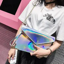 Женская сумка из искусственной кожи через плечо блестящая сумка-конверт с цепочкой сумки на плечо 2018 Новый однотонный клатч-тоут модная