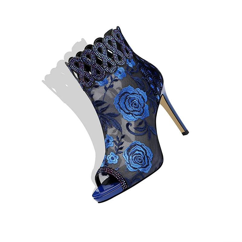 

hersevll Fish Head High Heels sandals Female 2019 Summer Style Mesh Breathable Shoes Flowers Zip Crystal Sandals Boots Female