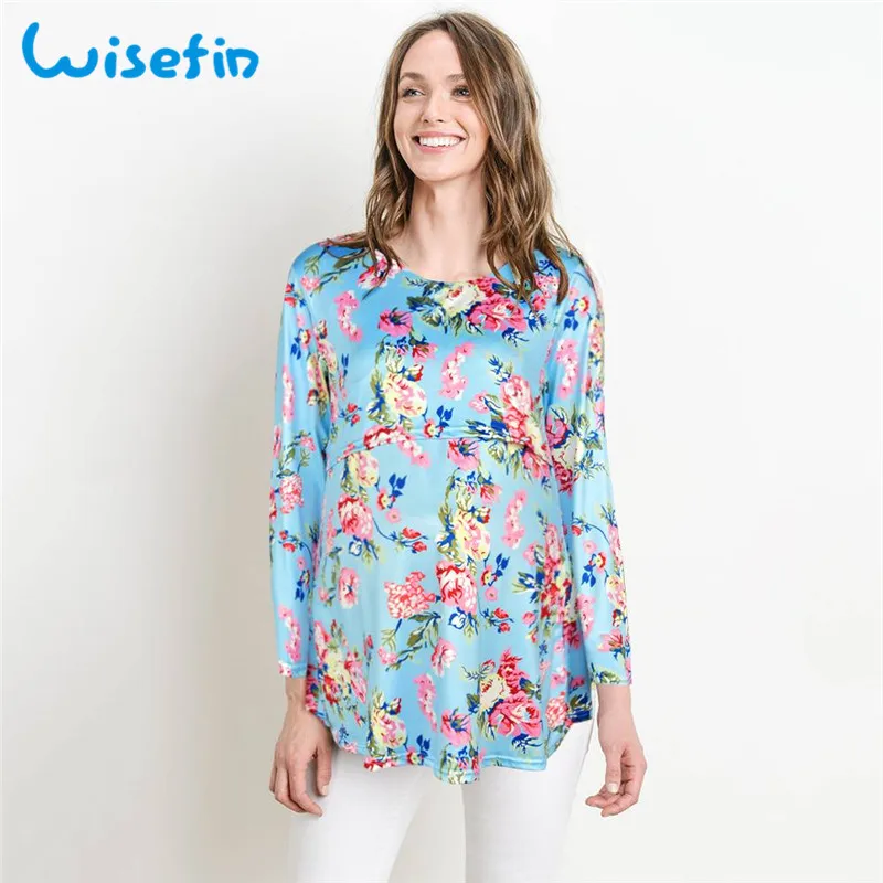 Wisefin Women Maternity Nursing T-Shirt Floral Print Pregnant Clothes Breastfeeding Tee Shirt Tops Long Sleeve Pregnancy Tshirt