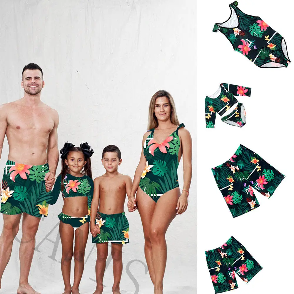 

Family Matching Hawaii Printed Girls Long Sleeve 2pcs Sets Women Bodysuit Men Boys Board Shorts Bathing Suit Summer Swimwear