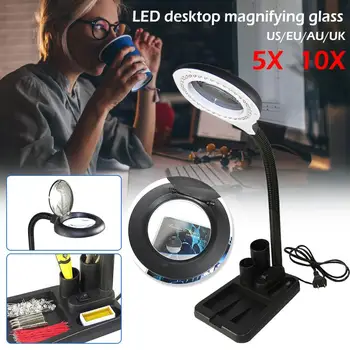 

EU /US/UK/AU Plug 220V Crafts Glass Lens LED Desk Magnifier Lamp Light 5X 10X Desktop Loupe Repairing Tools With 40 LEDs Stand
