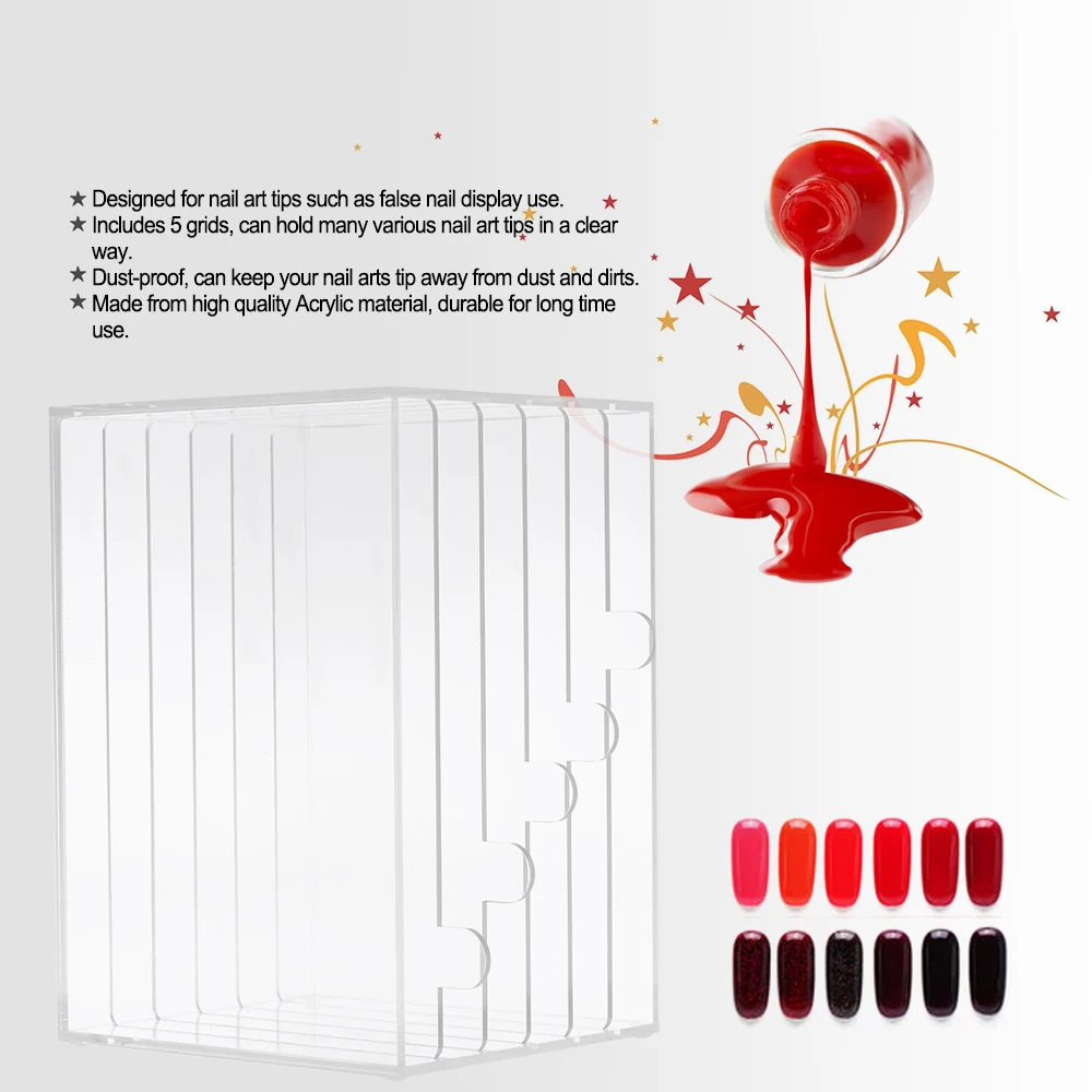 

5 Grid Acrylic Nail Art Tips Display Rack False Nail Show Panel Dust-proof Nail Art Desktop Storage Holder Salon Manicure Tool