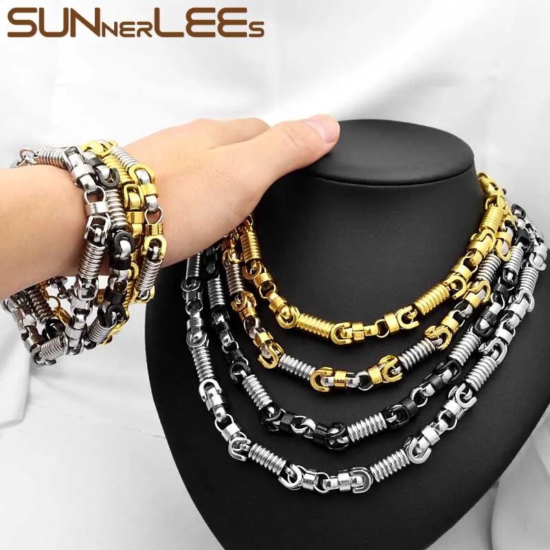 

SUNNERLEES Fashion Jewelry Stainless Steel Necklace Bracelet Set 8mm Geometric Link Chain Silver Black Gold For Men Women SC57 S