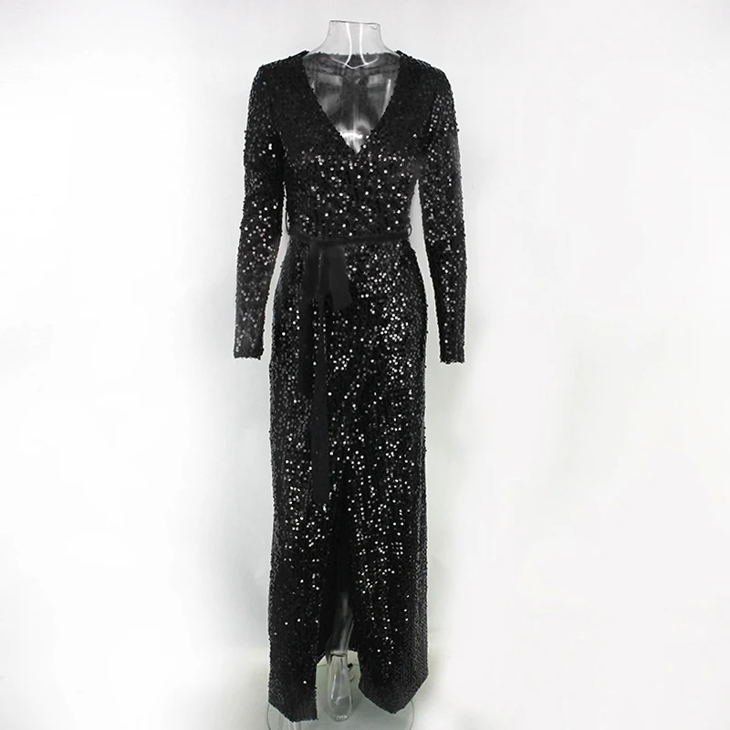 Sequin Party Eveing Dress Women Maxi Long Dress Chiffon Belt Coat Party Glitter Dresses V Neck Dark Buckle