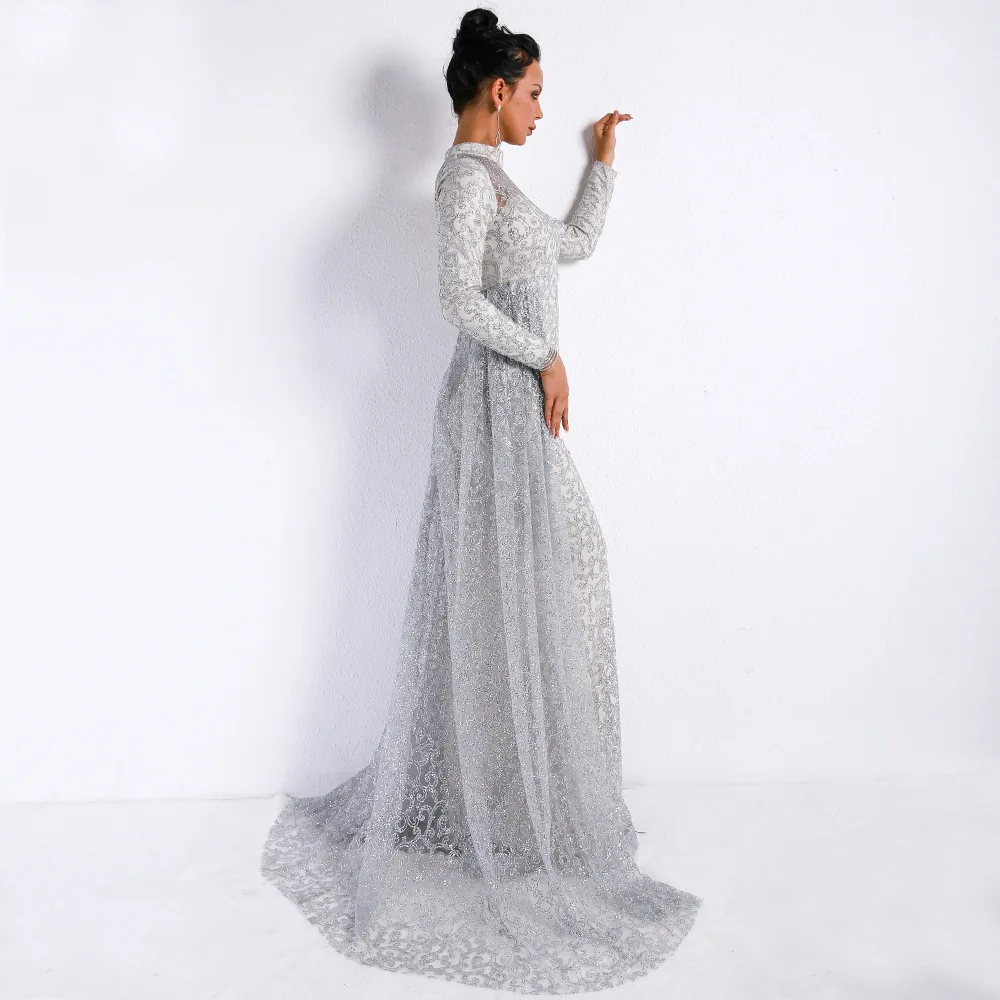 Vivian's Bridal 2018 Vitage Front Cut-out Detachable Train Beach Evening Dress Long Sleeve High Neck Sequin Lace Party Gown