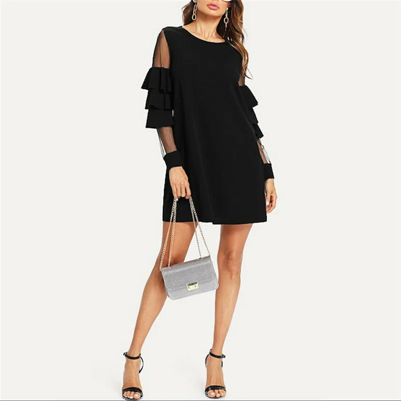 

New 2019 Women Mesh Dress Sundress Fashion Long Flare Sleeve Ladies Casual Loose Short Dress Females High Waist Elegant Vestido