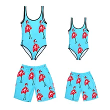 Family matching swimsuit mom dad boy girl one-piece swimsuit blue flamingo swimsuit blue wave point pattern one piece swimsuit