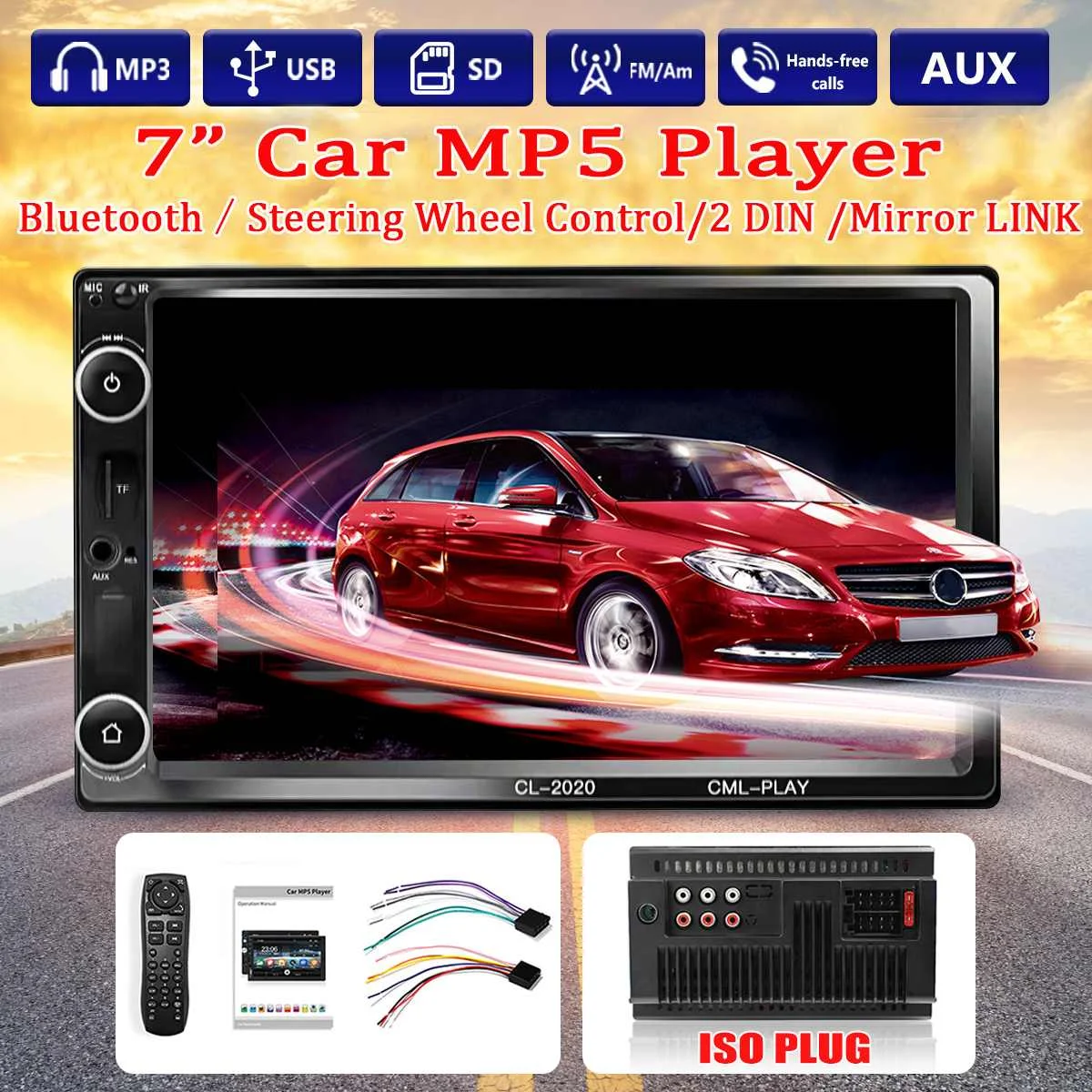 

7 Inch 2DIN bluetooth Car Stereo MP5 Player HD Touchable Car Multimedia Player Audio Radio Hands Free Remote Control AUX FM TF