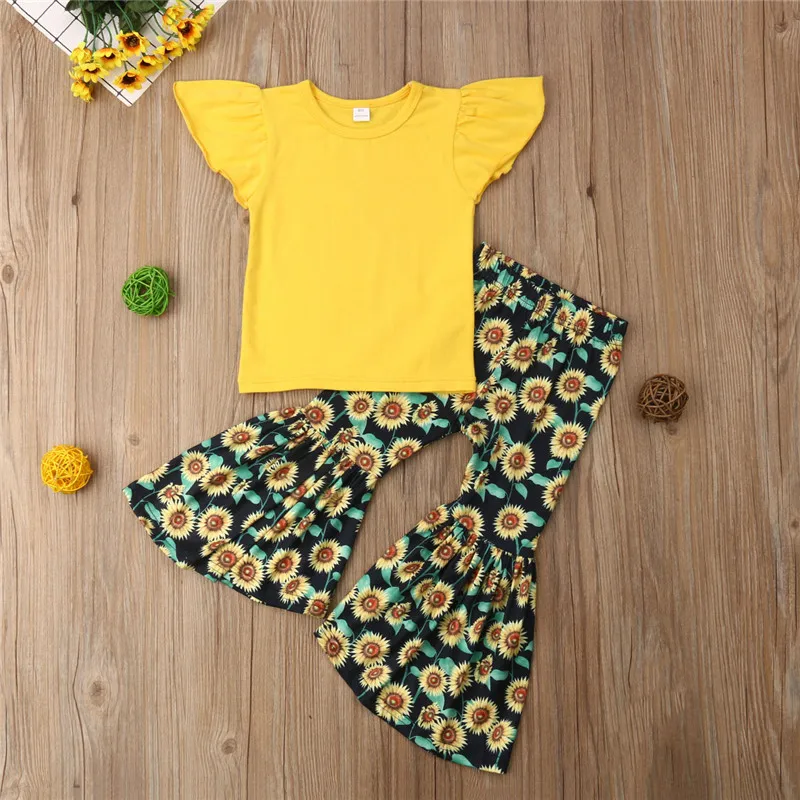 

toddler girl clothes Fly Short Sleeve T Shirt Blouse Flare Pant 2pcs Outfits Children's Clothing Summer Casual Clothes