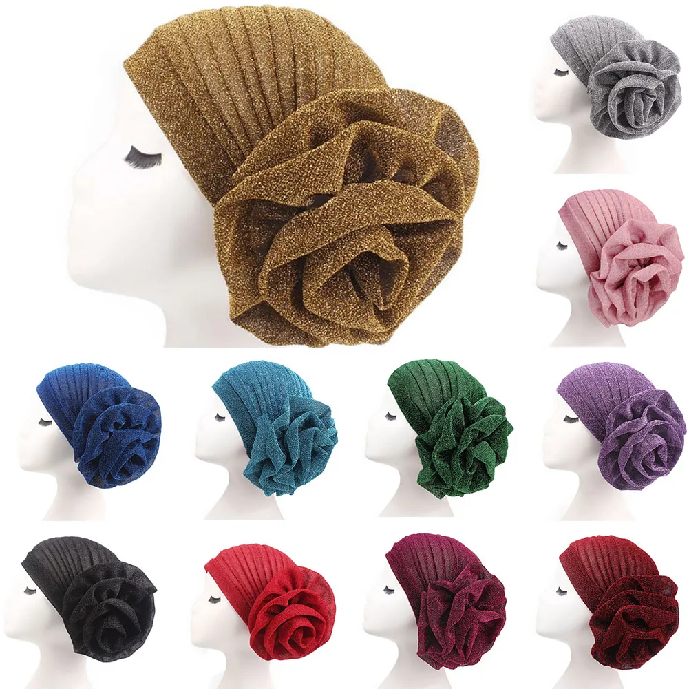 

Women Bright Muslim Turban India Cap red purple colors Big Flower Headband Wedding Party Hair Lose Head Wraps Accessories