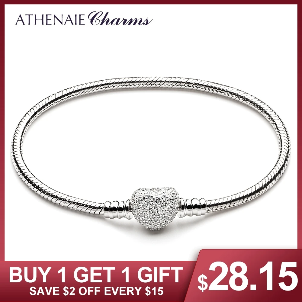 ATHENAIE 925 Sterling Silver Snake Chain With Pave Clear CZ Heart Clasp Bracelet Fit All European Charm Beads Christmas Jewelry
