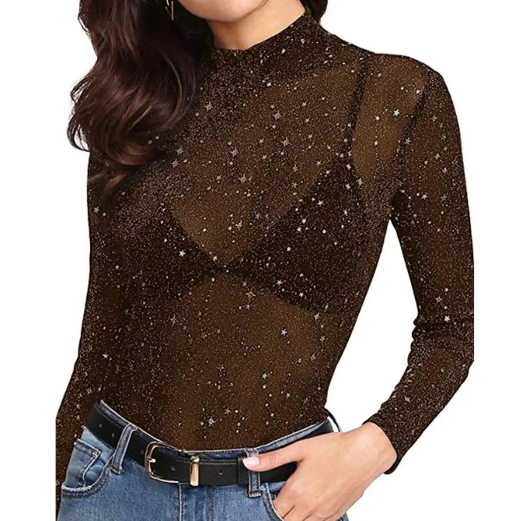 

Women Casual O Neck Long Sleeve Sequin Solid See Through Tops O-Neck Spring, Summer, Autumn